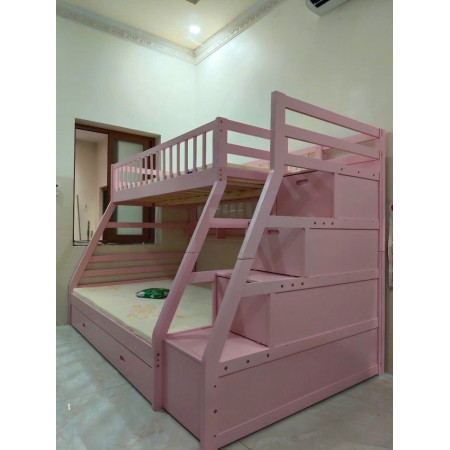 EU192 - Pink : Giường 2 Tầng, 2 Hộc Kéo + Cầu Thang Đảo Chiều, Giá Sách - Trên 1m / Dưới 1m4